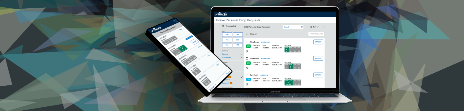 Alaska Airlines Personal Drop Request feature shown across mobile and desktop scheduling interfaces