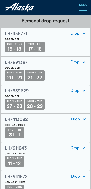 Mobile prototype screen for the flight attendant Personal Drop Request flow