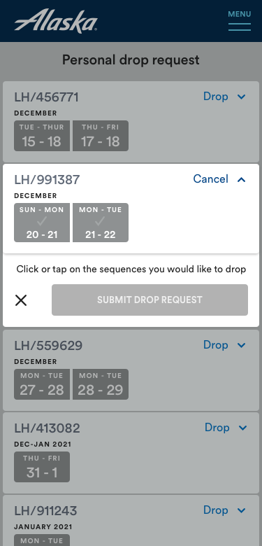 Mobile prototype screen showing trip selection in the Personal Drop Request flow