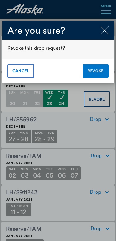 Mobile prototype screen with clickable date and trip selector controls
