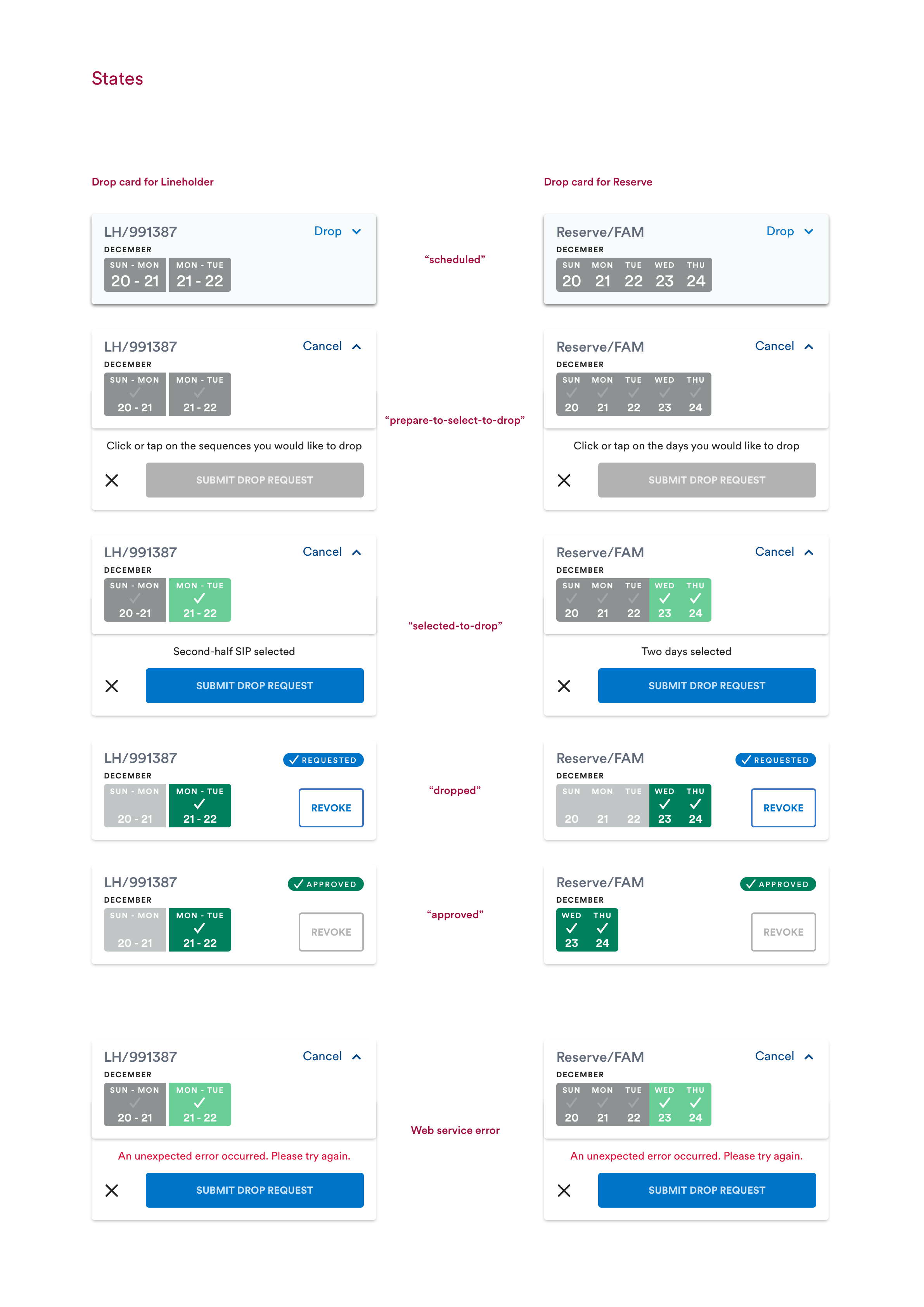 Annotated developer specifications for the Personal Drop Request card components