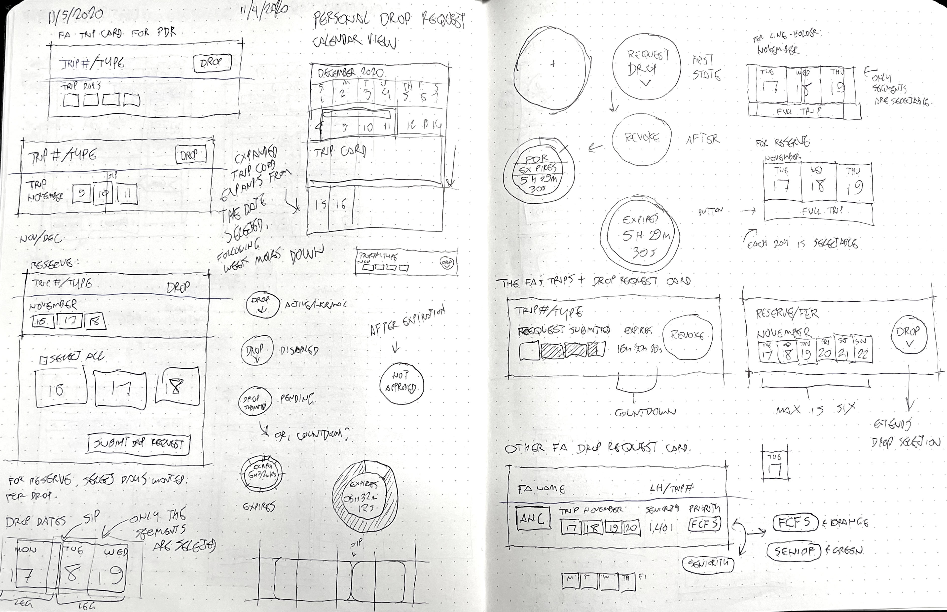 Early wireframes exploring components and interaction patterns for the Personal Drop Request flow