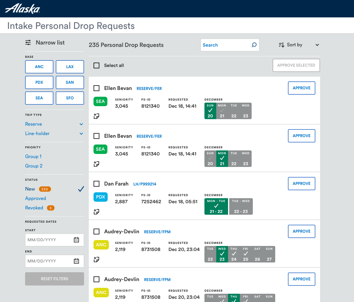 Scheduler interface concept displaying Personal Drop Request data