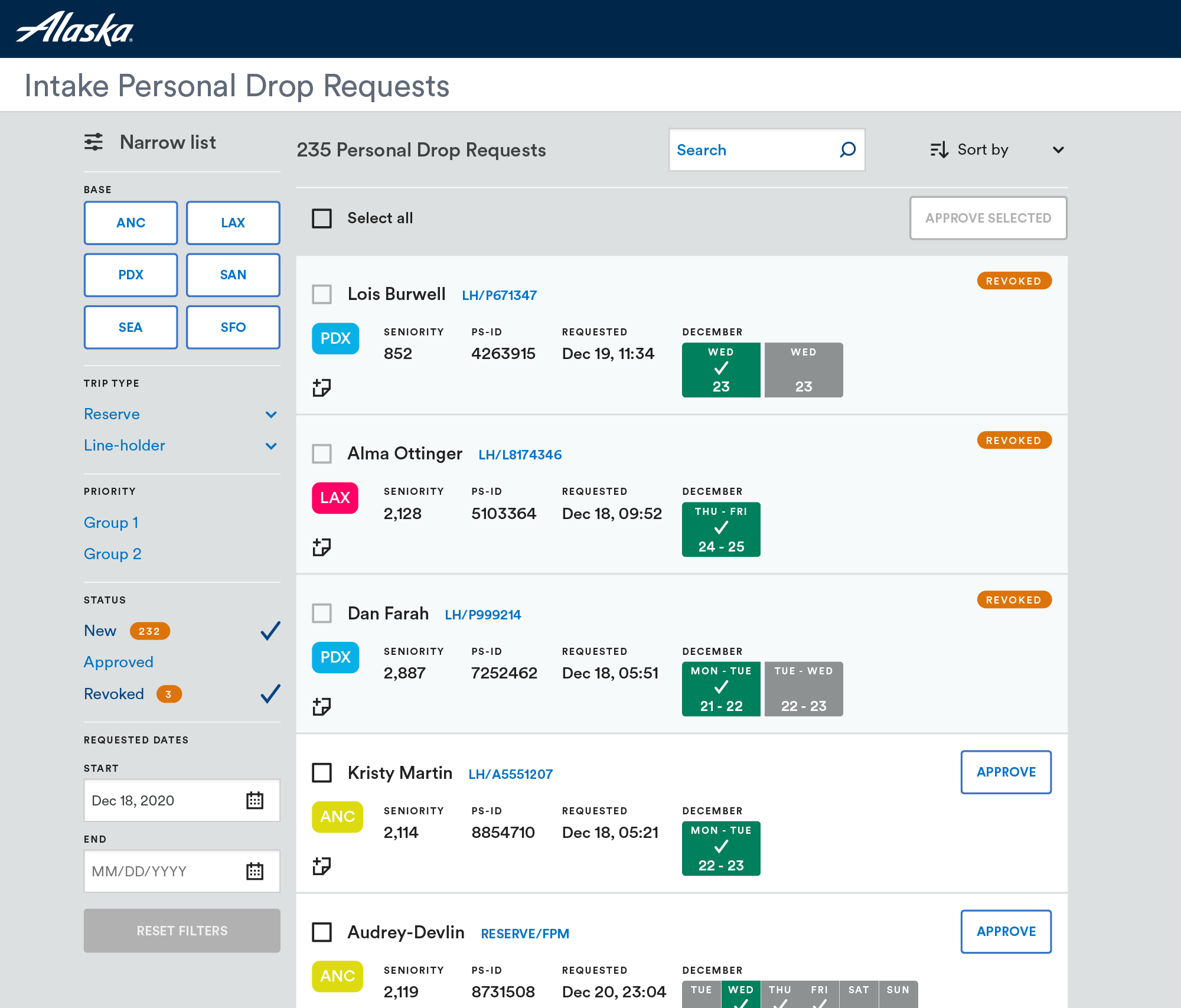 Scheduler desktop interface unifying Personal Drop Request data into responsive cards