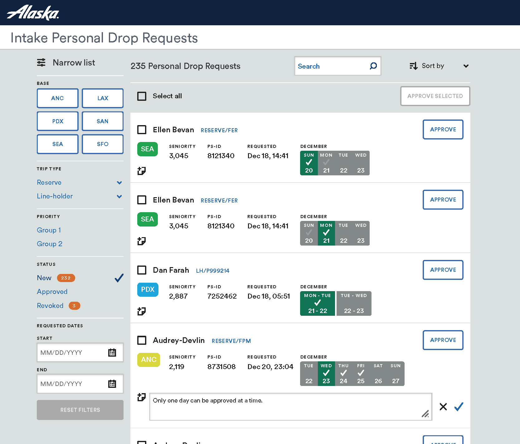 Scheduler interface showing Personal Drop Request records in a card-based layout