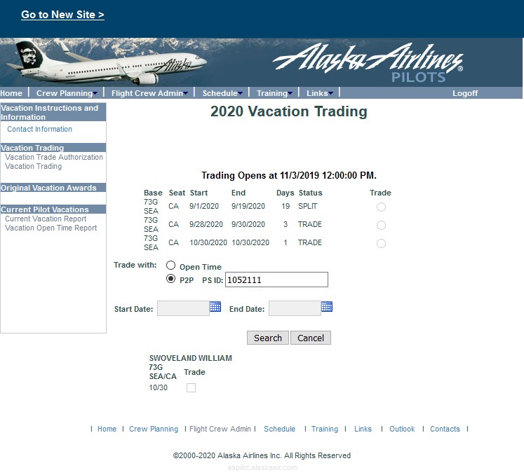 The original legacy vacation trading screen