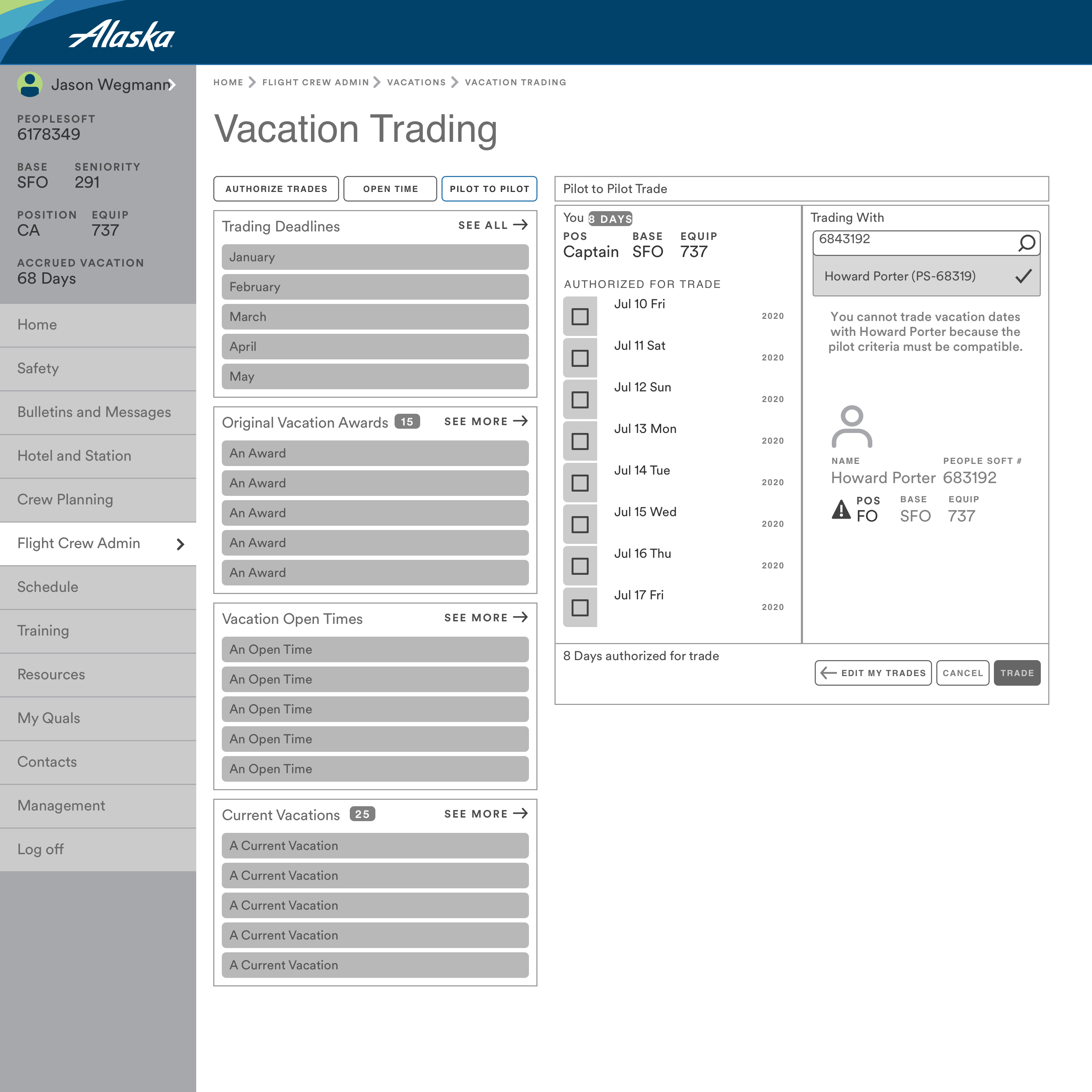 Vacation trading wireframes within the broader pilots website