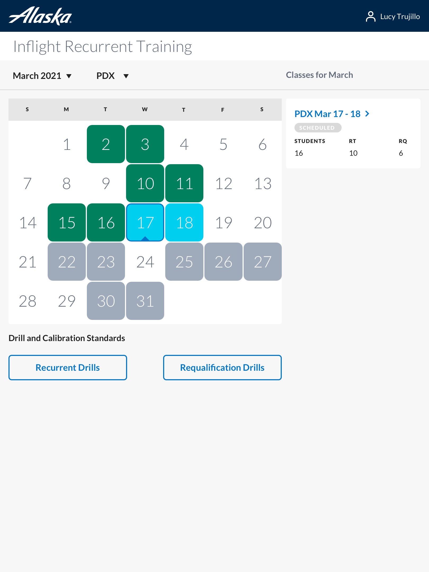 Calendar view displaying location, roster, and status data for training.
