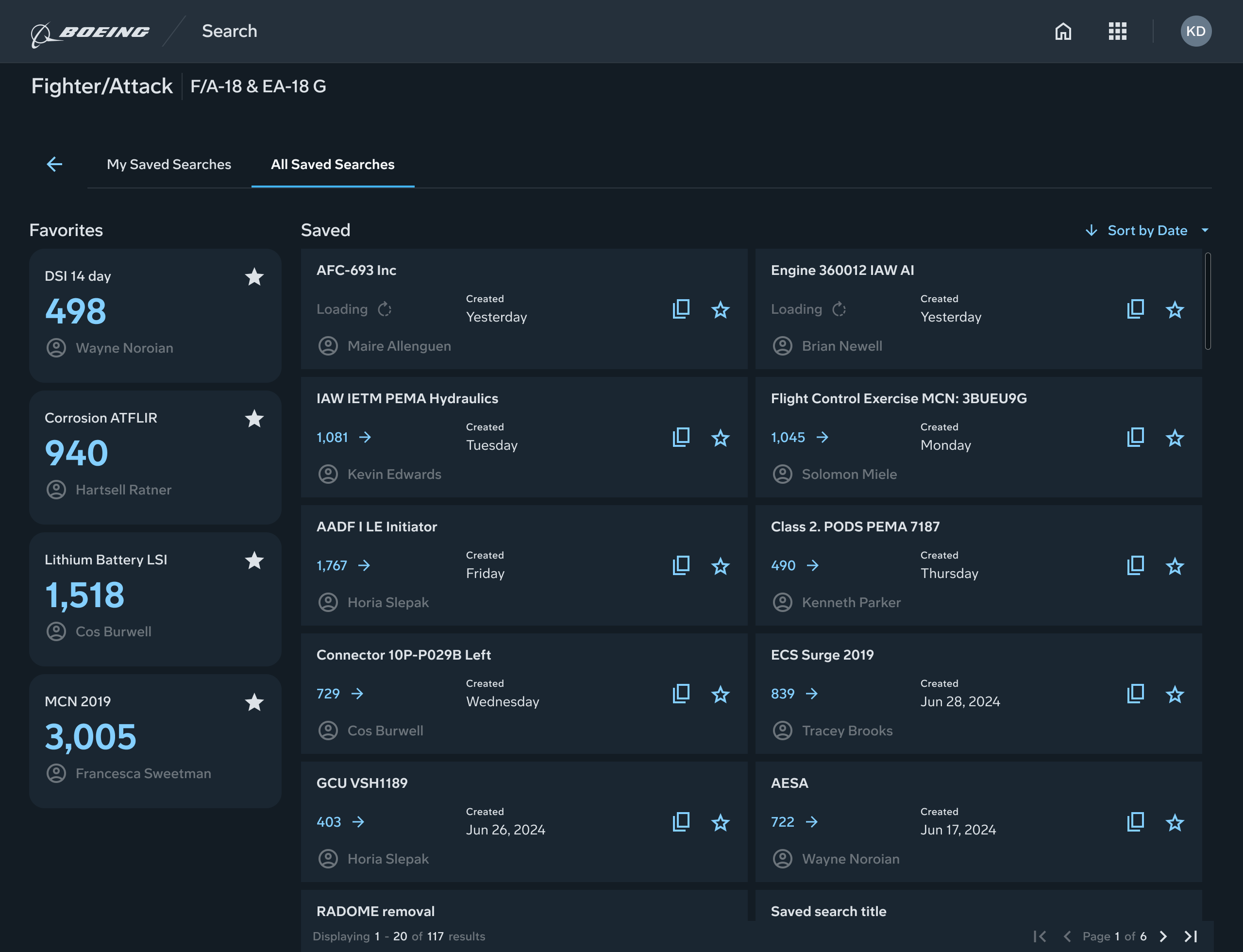 Saved searches screen listing the user's saved searches