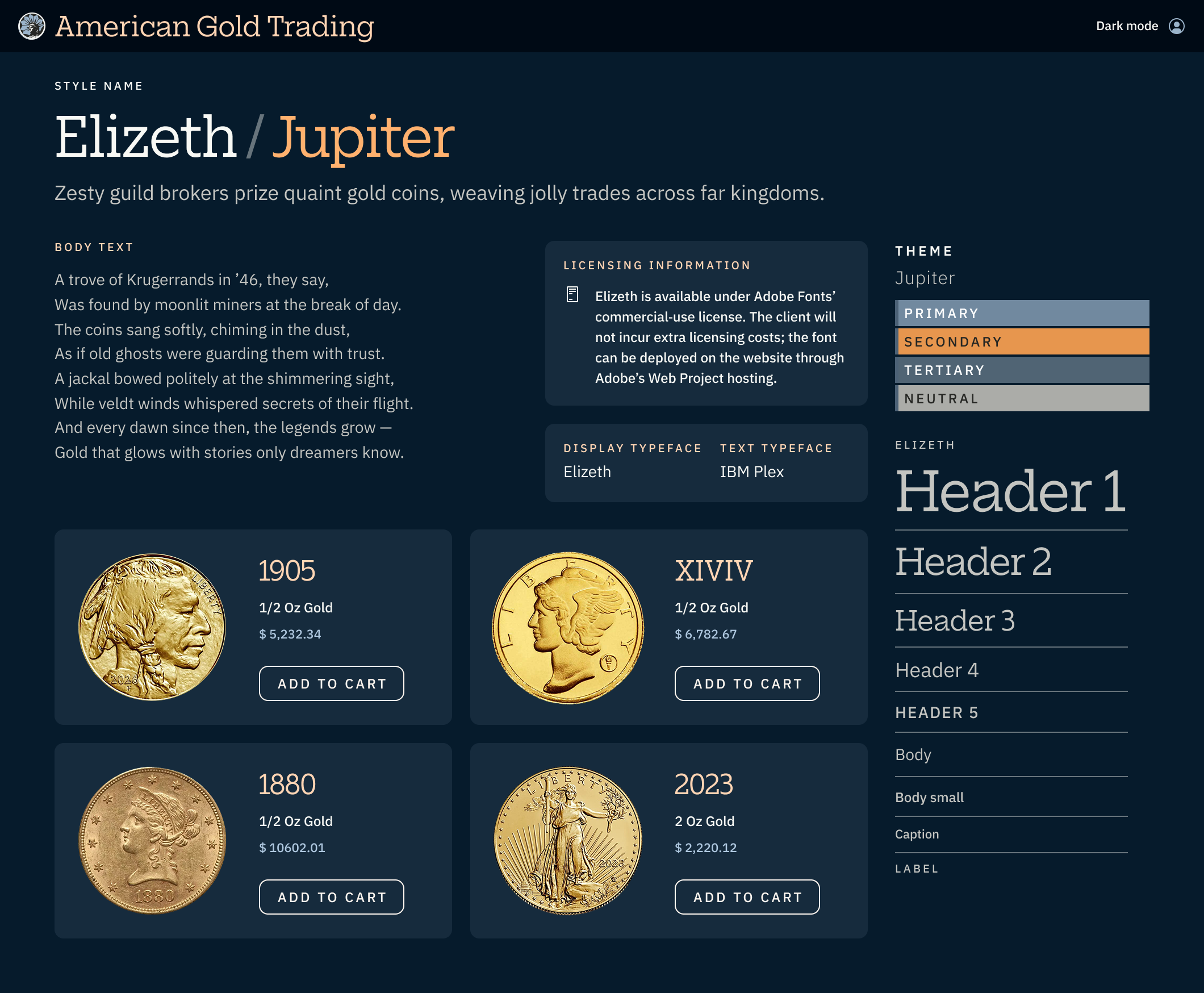 Final deliverable mockup webpage displaying the full range of branding artifacts in dark mode.