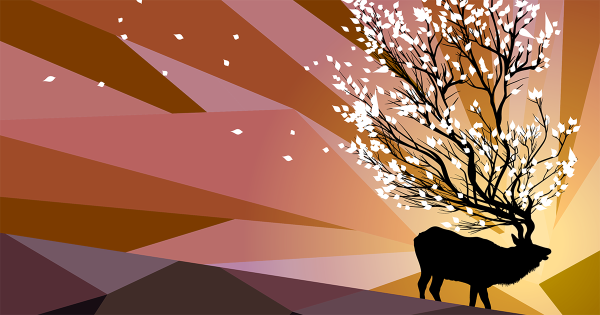 A stylised elk standing among trees